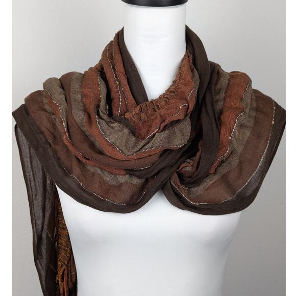 Boho Brown Scarf/Wrap scattered sequins fringe rayon blend 98" X 18"gathered - Picture 1 of 7